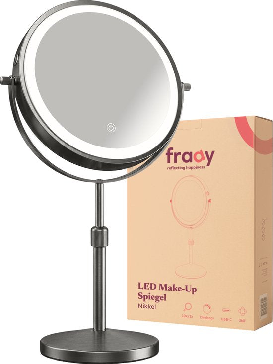 Fraay® Make Up Spiegel met LED Verlichting - 10x Vergroting - Vergrootspiegel met Licht - Oplaadbaar - Scheerspiegel - Badkamerspiegel - Nikkel