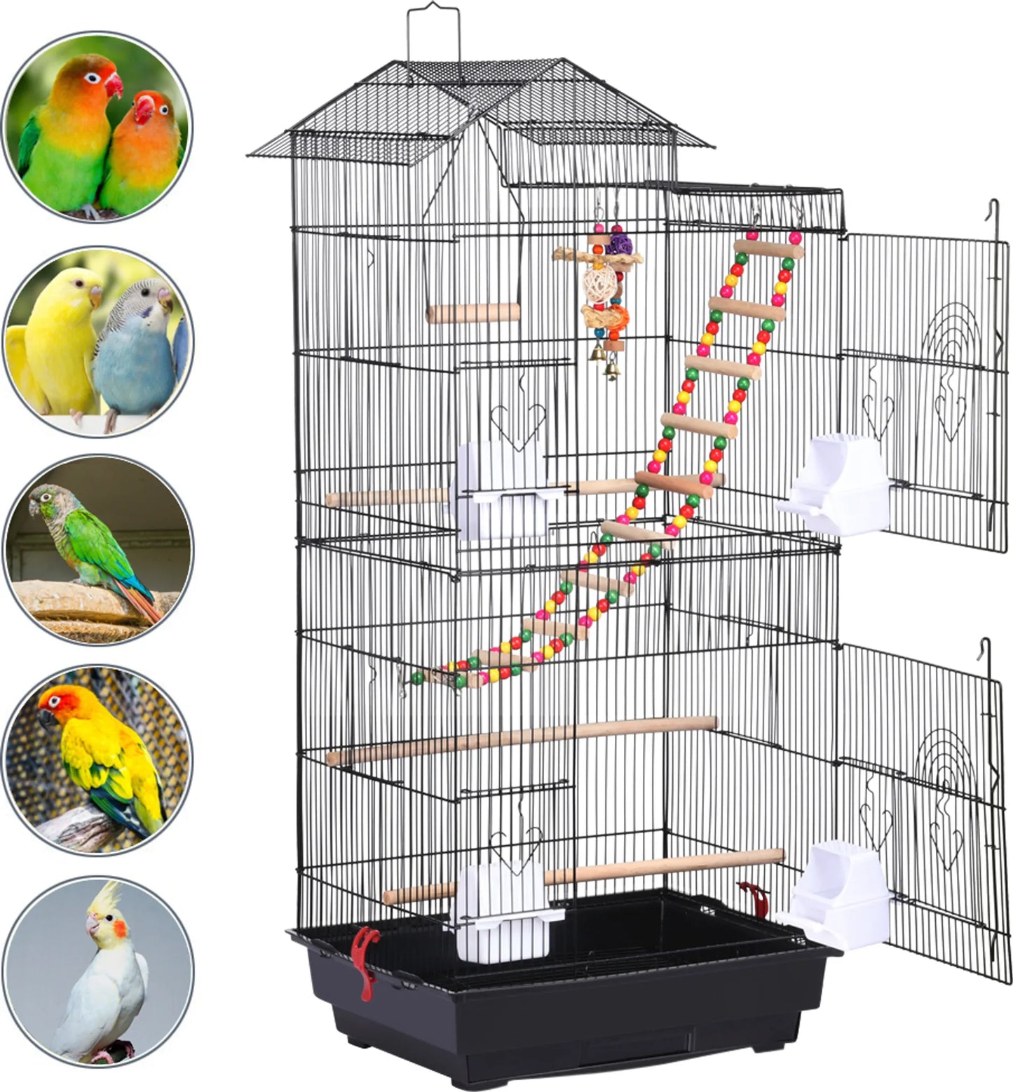 Yaheetech Vogelkooi Met Speeltuin – 46 x 35,5 x 99 cm – Voorzien Van Uitneembare Bodemplaat En Draadsloten En Complete Accessoireset – Voor Parkieten En Kanaries – Zwart Metaal En Hout