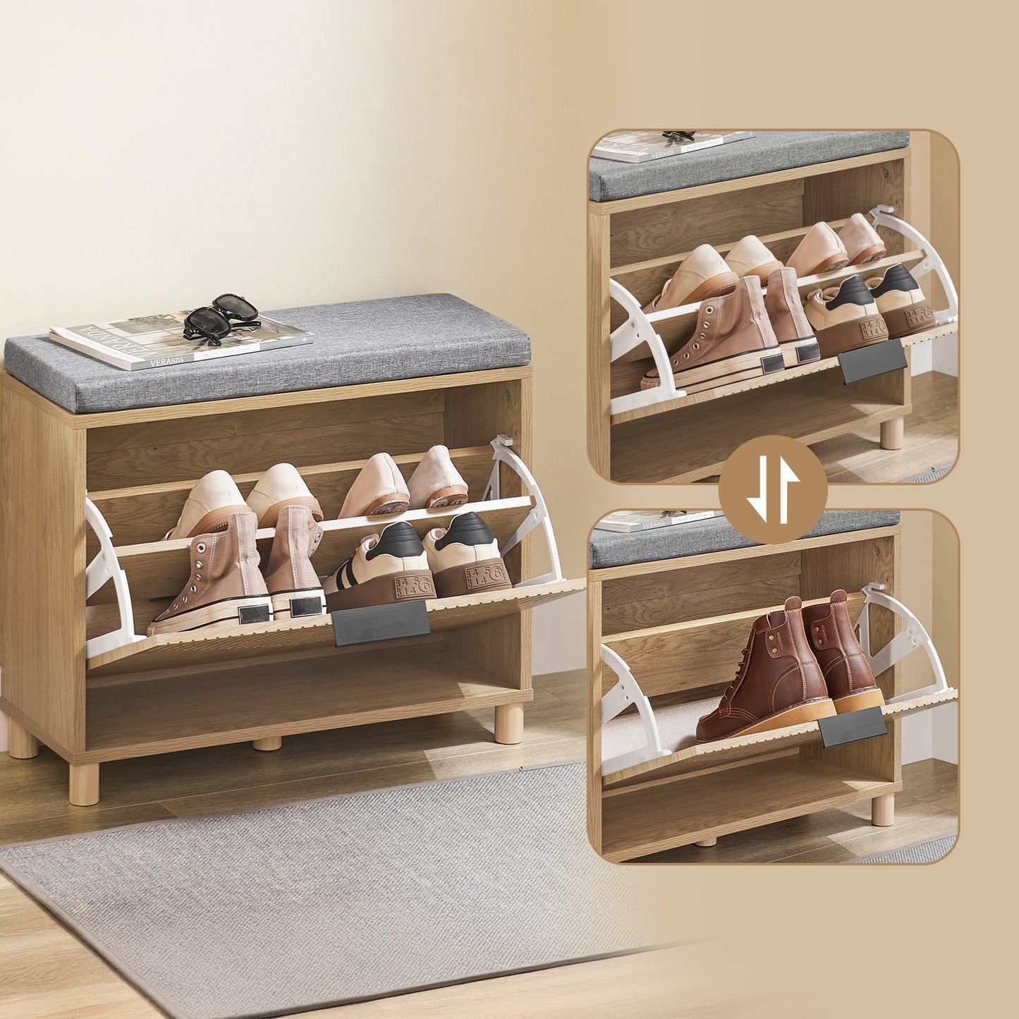 SoBuy FSR199-N Schoenenbank met Opbergruimte en Gevoerd Kussen, Grijs en Licht Hout, 60 x 24 x 50 cm
