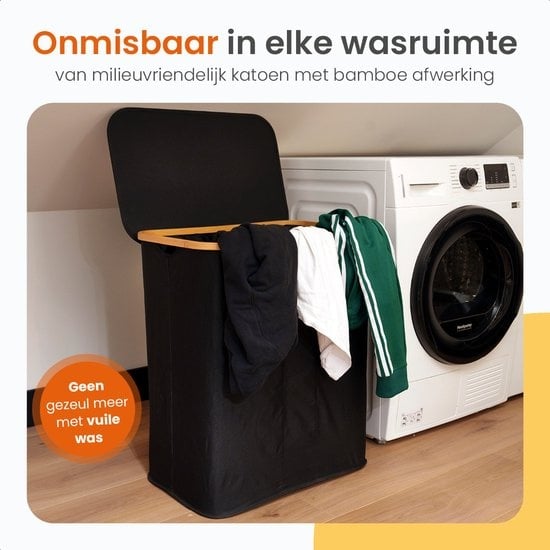 Goliving Wassorteerder 3 Vakken - 150L - Opvouwbare Wasmand Met Deksel - 3 Uitneembare Zakken Met Kleurlabels - 57 x 37 x 66 cm - Zwart