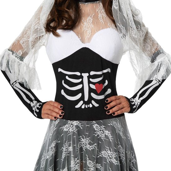 Dressforfun Griezelige skeletbruid L - verkleedkleding kostuum halloween verkleden feestkleding carnavalskleding carnaval feestkledij partykleding - 302007