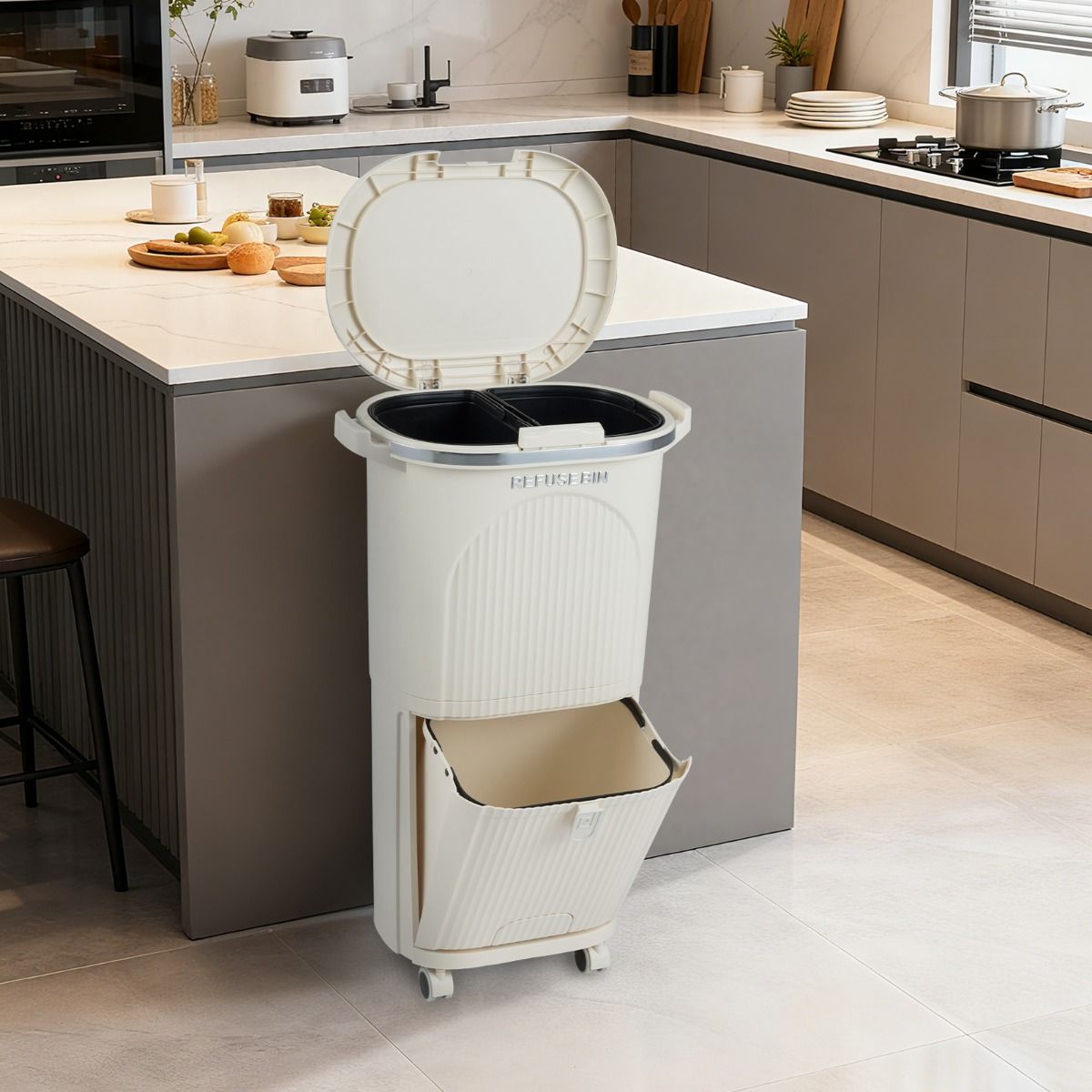 Coast Afvalscheidingsprullenbak op Wielen - 3 Compartimenten - Pedaal en Drukknop - Beige - 38 Liter