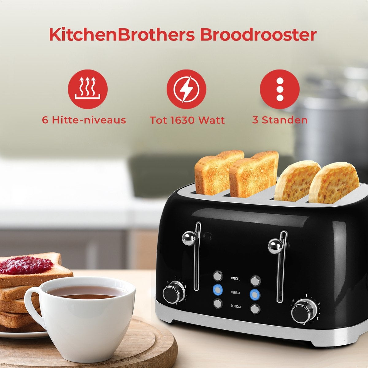 KitchenBrothers Retro Broodrooster - Toaster - 6 Warmteniveaus - 4 Extra Brede Sleuven - 1630W - Zwart