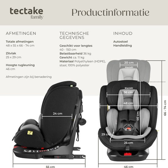 tectake® Draaibare Autostoel - Kinderstoel - i-Size goedkeuring - Isofix autostoel - Zitverhoger - Kinderzitje auto - Autostoeltje - 5-punts-gordel - Vanaf geboorte tot 150cm/36kg