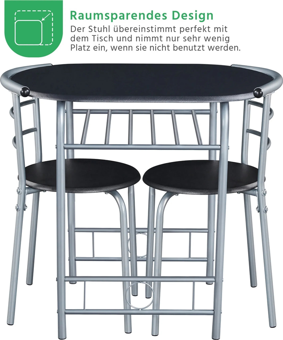 Yaheetech Eethoek Set Van 3 – Voorzien Van Tafel Met 2 Stoelen En Verstelbare Opbergplank En Waterafstotende Coating – Voor Keuken En Eetkamer – Zwart Metaal En MDF – 80 x 53 x 73,5 cm