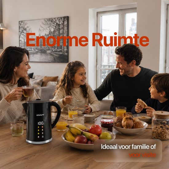 KRAFT Waterkoker met Temperatuurregeling - 1,7 Liter - LED Touch - Zwart - 2200W
