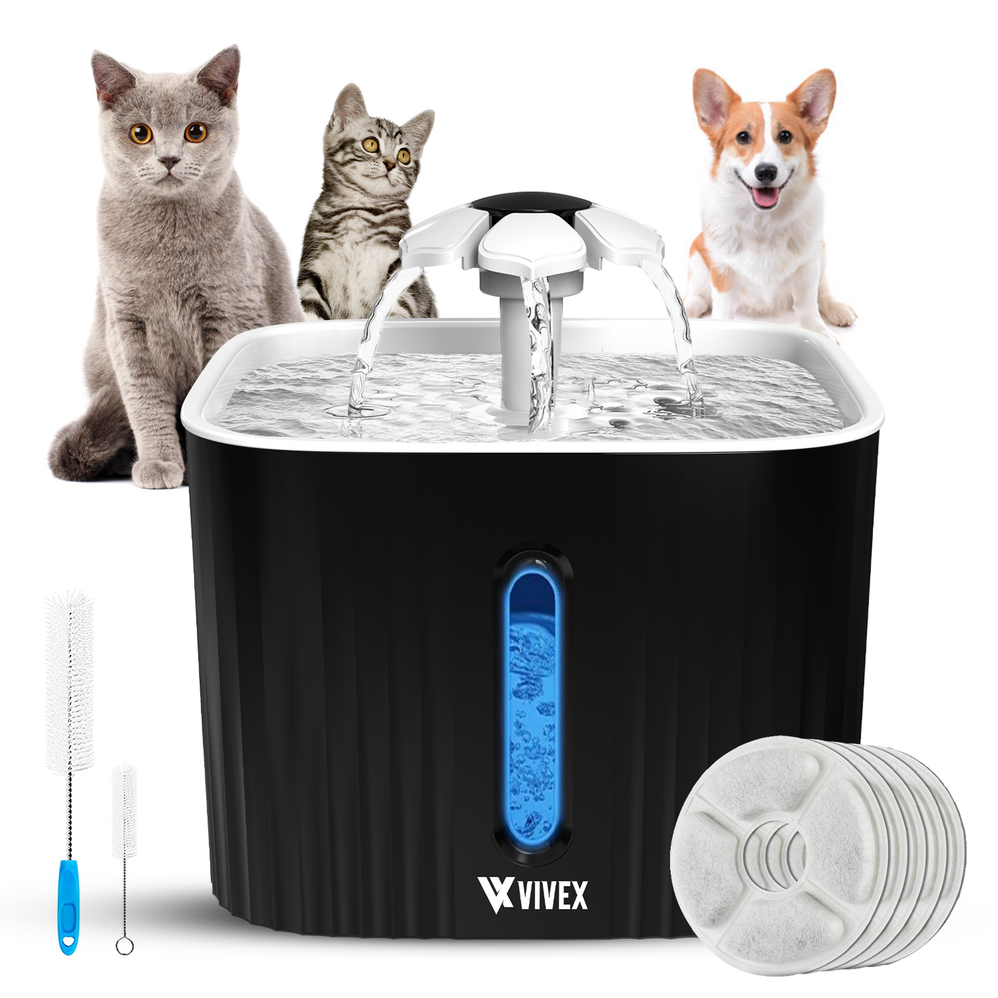 Vivex® Drinkfontein - Waterfontein voor Katten en Honden - Incl. 5 Filters en cleaning tool - Muisstil