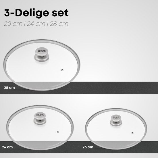 Savoré Kitchen Pannendeksel Set 3-delig - Deksel voor koekenpan Ø 20, 24, 28 cm - RVS - Glas