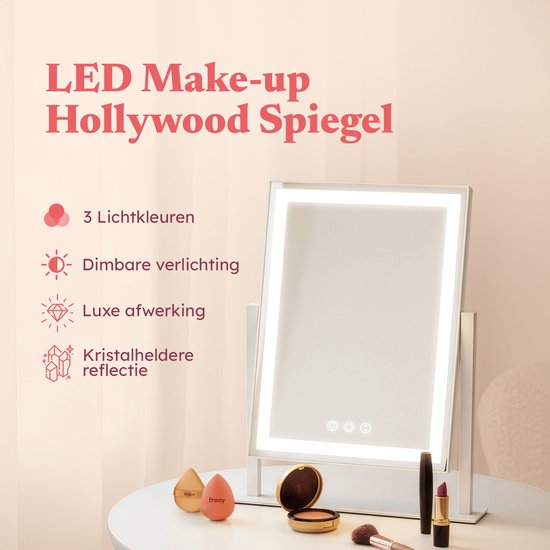 Fraay® Hollywood Spiegel met Verlichting 41x30cm - 3 Lichtstanden - Make Up Spiegel met 10x Vergrootspiegel - LED Strip Verlichting Dimbaar - Incl. Beauty Blenders en Powder puff