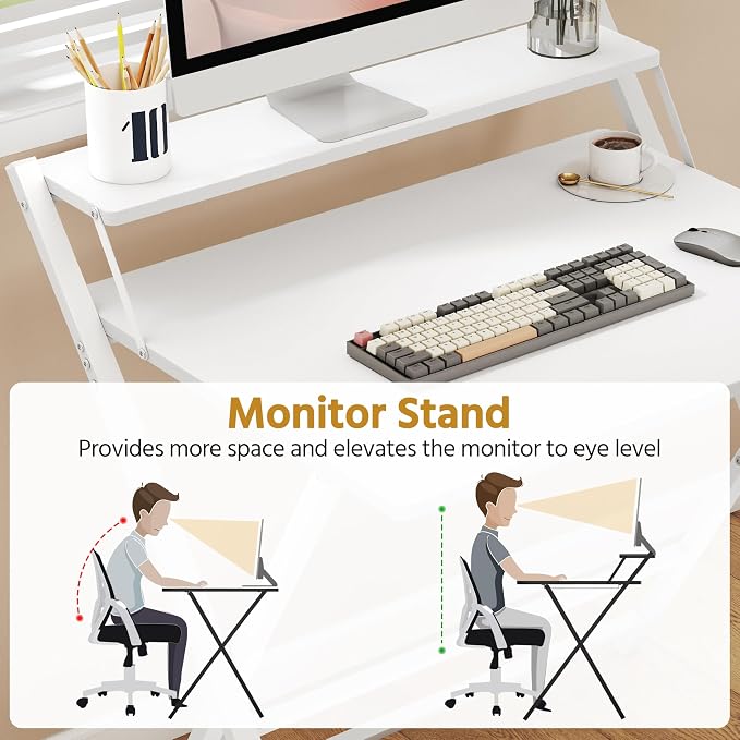 Yaheetech Opvouwbaar Bureau 80 x 50 cm - Wit - Computertafel met Monitorverhoger en Opbergplank
