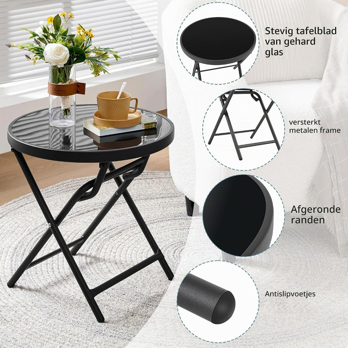 Yaheetech Ronde klaptafel Ø 46 cm – zwart glas en metaal, weerbestendig