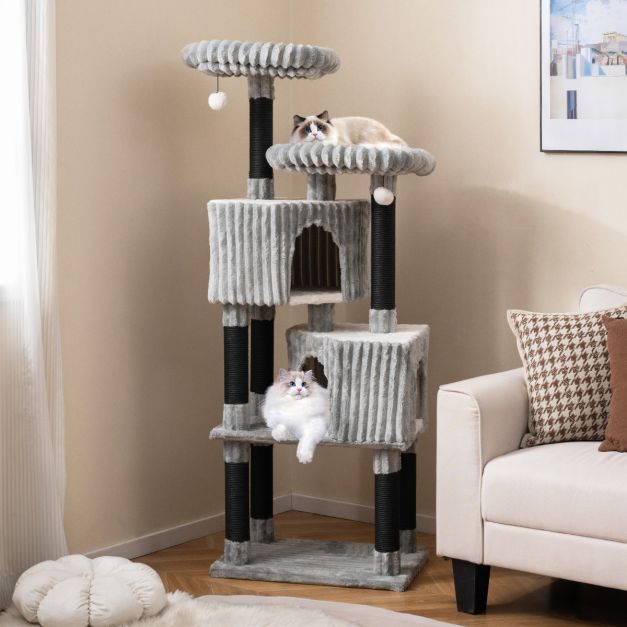 Costway krabpaal - 2 kattenhuisjes en 2 ligbedden - 59 x 40 x 156 cm - Lichtgrijs