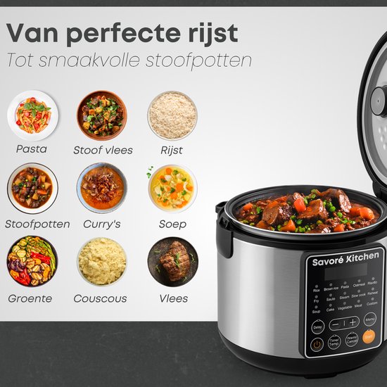 Savoré Kitchen Rijstkoker met Stomer – 3L – 14 Programma’s – Multicooker – Rice Cooker – Slowcooker – PFAS Vrij – Zwart RVS