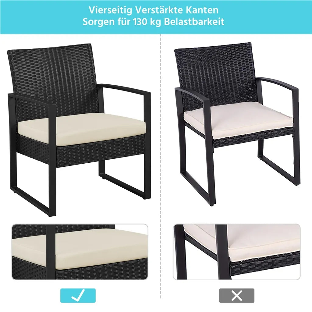 Yaheetech Tuinmeubelset 3-delig - Zwart/Beige - Polyrattan Balkonset met Bijzettafel en Glazen Tafelblad