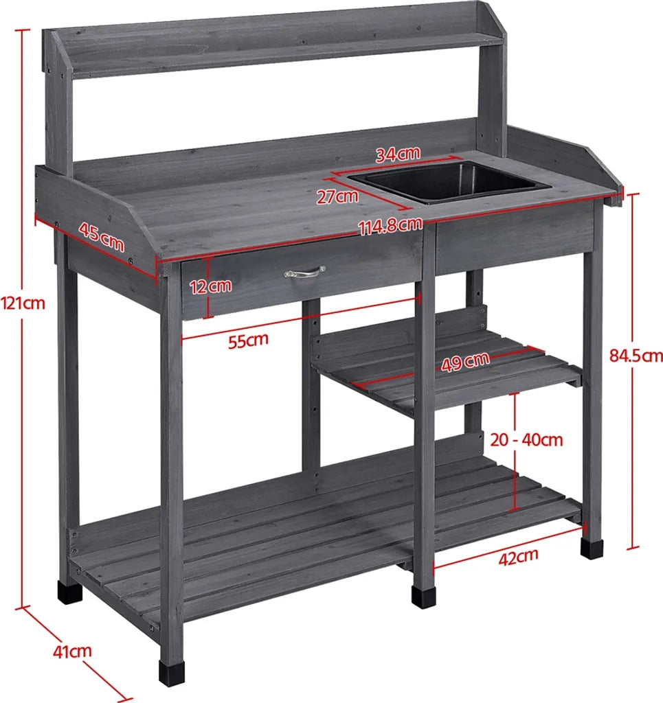 Yaheetech Oppottafel met Spoelbak 114,8 x 45 x 121 cm - Grijs - Houten Planttafel met Lade en Verstelbare Plank