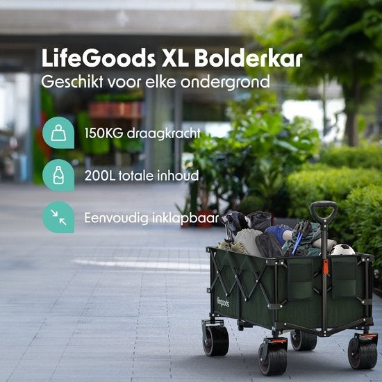 LifeGoods Bolderkar - XL - Opvouwbaar - 200L - 100KG Draagkracht - Groen