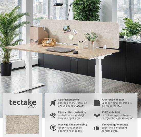 tectake® Bureauscherm scheidingswand Noisy - Met geluidsabsorberende PET-kern - Inclusief 2 bevestigingsklemmen - Afmeting (LxB) 130 x 40 cm - Beige