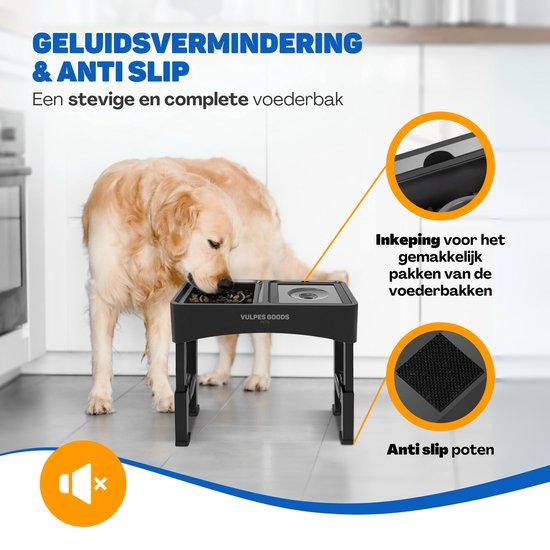 Vulpes Goods® Pets - Voerbak Hond met Standaard - Drinkbak Hond Anti Knoei - Anti Schrokbak Hond - Verhoogde Voerbak - 4 Hoogtes - Slow Feeder - Dubbel - Zwart