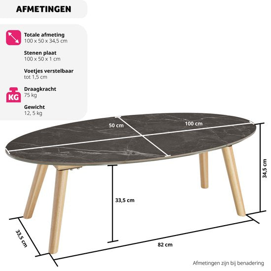 tectake® Salontafel | Woonkamertafel, Ovale Salontafel met Houten Poten | Marmerlook | Weerbestendige Bijzettafel voor Woonkamer, Terras, Tuin of Balkon - naturel