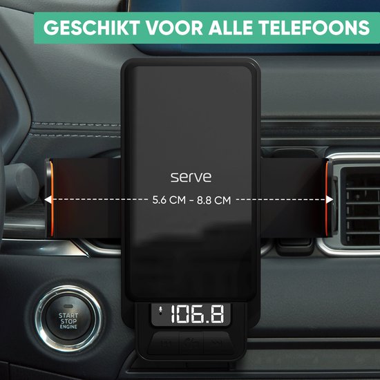 Serve 3in1 Bluetooth FM Transmitter, Telefoonhouder Auto & Draadloze Snellader 15W - Carkit voor Muziek - Telefoonhouders Auto Accessoires - Touchless Autolader - Ventilatie Houder