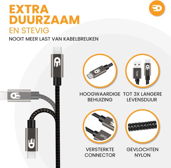 Drivv. USB naar USB C Kabel - Snellader - USB C Data en Oplaadkabel - 2 meter - Geschikt voor Samsung, iPhone 15 & Meer - Modern Grey