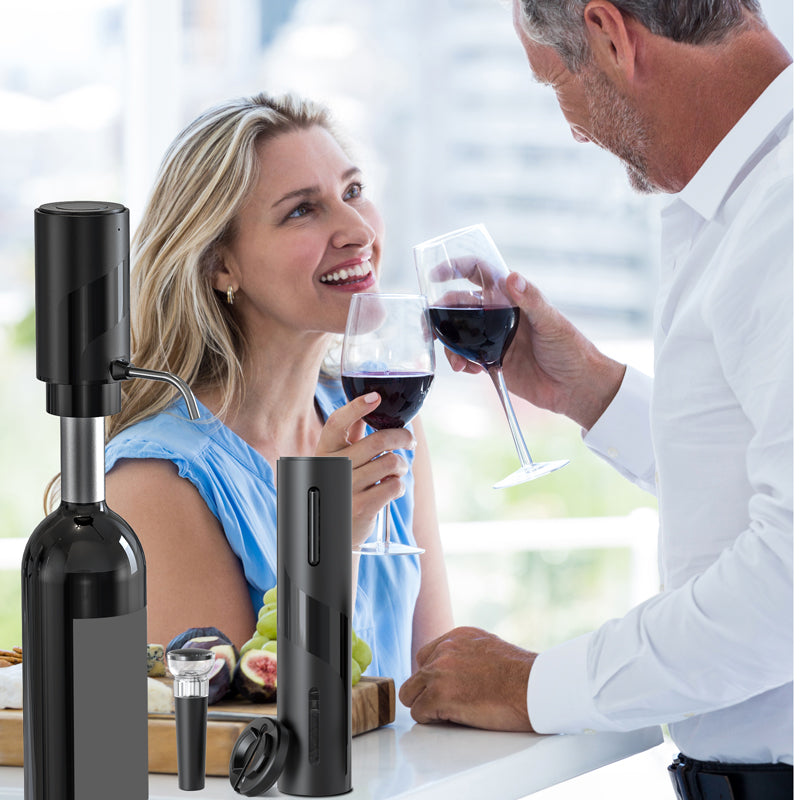 Cuisync Elektrische Wijnopener Set, 4-in-1 Oplaadbaar Wijn Cadeau Kit met Elektrische Aerator & Schenker, Vacuüm Stopper, Folie Snijder, Automatische Wijnflesopener voor Thuisbar Feest Bruiloft, SGS-KD-7