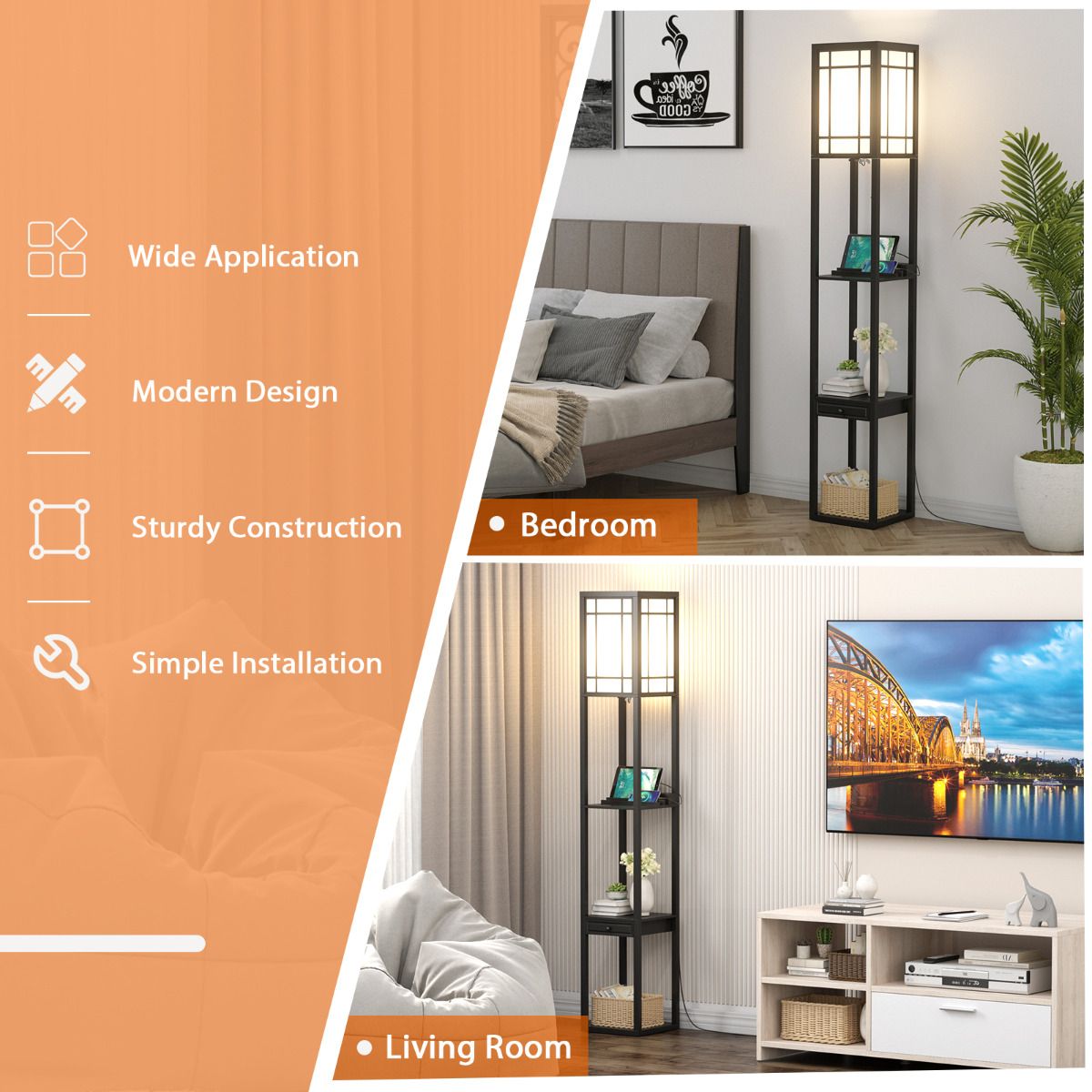 Coast Staande Vloerlamp met 3 Open Vakken - 2 USB-Poorten - 26 x 26 x 161 cm - Zwart