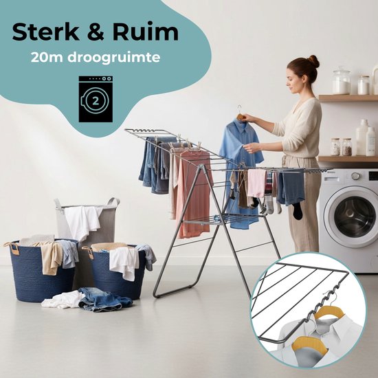 STAUS&BACH Droogrek 20m - Stevig - Inklapbaar Wasrek - Staand - Staal - Mat zwart - Aeriq Compact