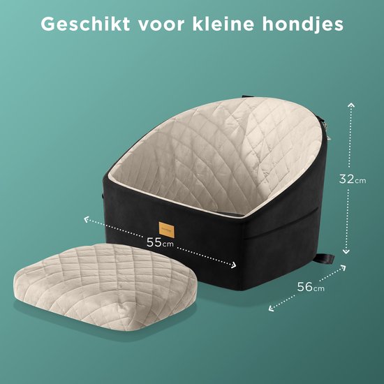 CozySense® Honden Autostoel - Veilige Hondenmand Auto voor Kleine Hond - Voorbank & Achterbank - Met Veiligheidsriem, Opbergvak & Wasbare Hoes - Zwart/Beige