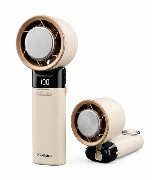 XCelsius® Handventilator - Draagbare Mini Ventilator Opvouwbaar - Oplaadbaar met USB-C - 0% tot 100% traploos instelbaar - Met Instant Koelplaat - Beige/Crème