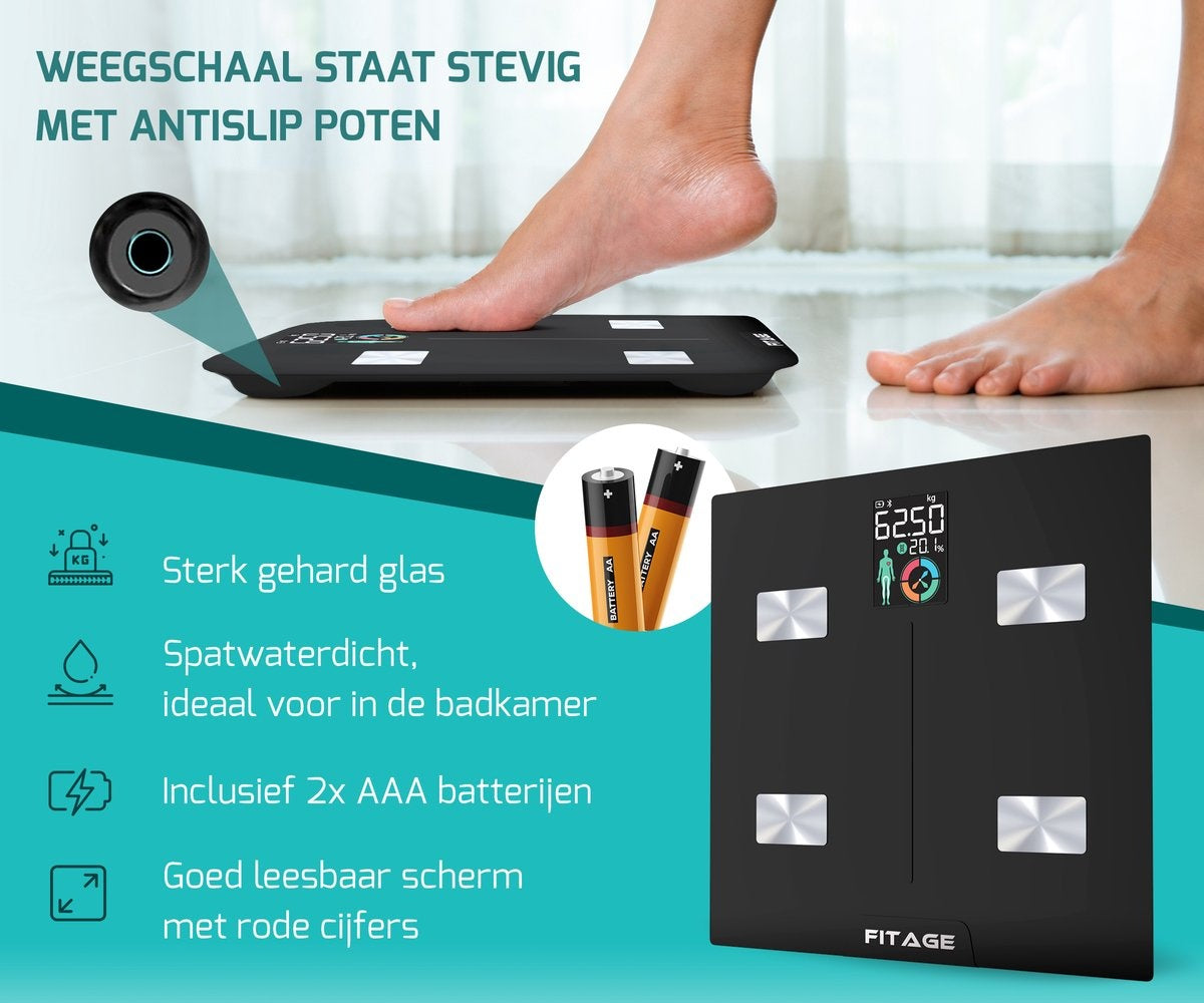 FITAGE LCD Weegschaal Personenweegschaal Digitaal - Slimme Weegschaal met 17x Lichaamsanalyse - Weegschalen - FITAGE App