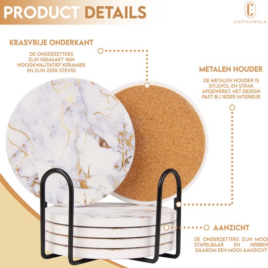 Castagnola Keramische Onderzetters met Houder – Onderzetters voor Glazen – Onderzetters Design – Onderzettersset – Drink Onderzetters – Keramisch – Kurk – Set van 6 – Wit/Goud