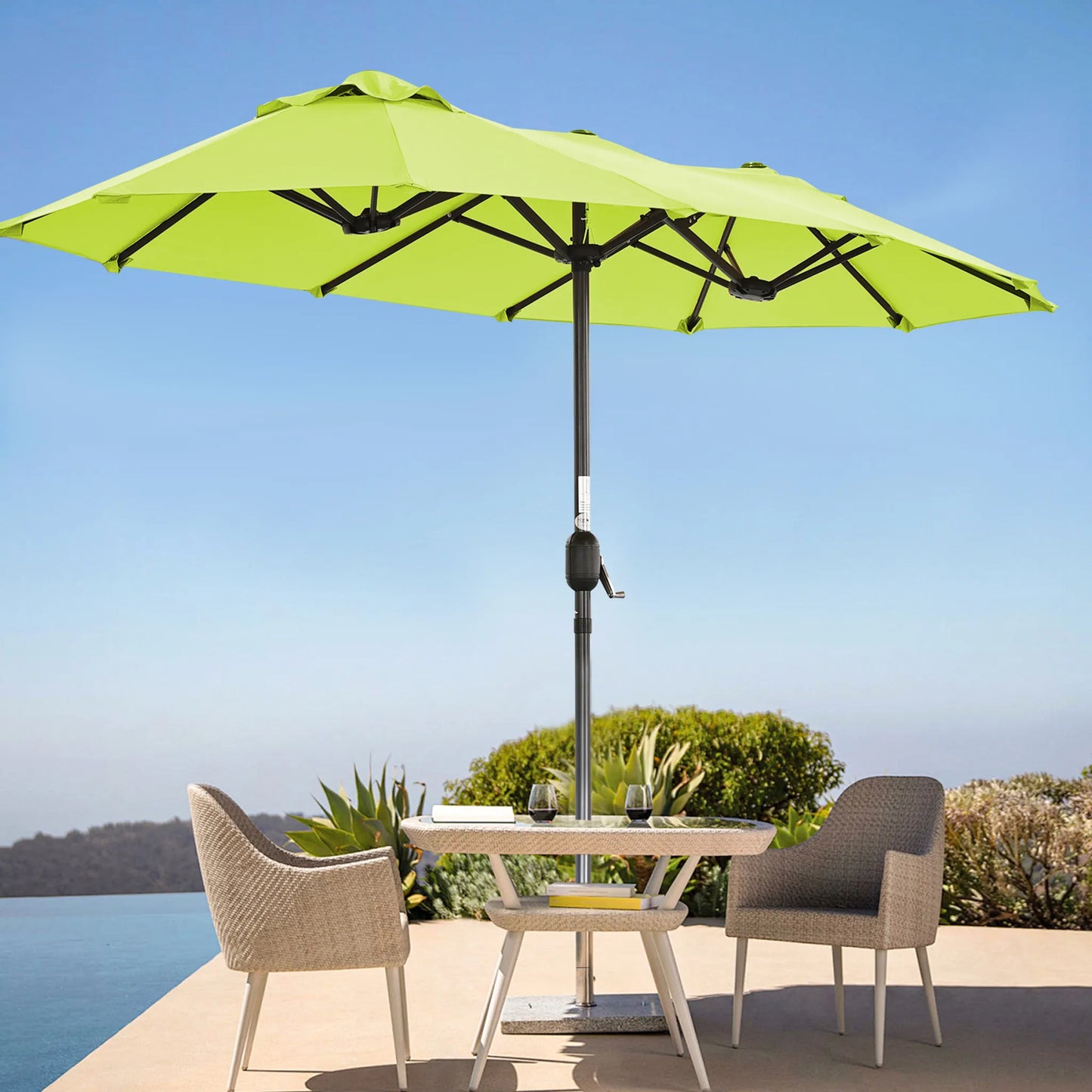 Angel Living dubbele parasol - 2,97 x 1,53 m - met zwengel - UPF 50+ - appelgroen