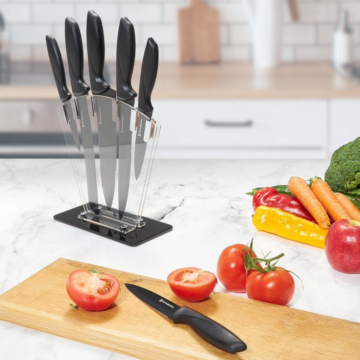 KitchenBrothers Messenset - Messenblok - 7-Delig - met Messenslijper - Zwart
