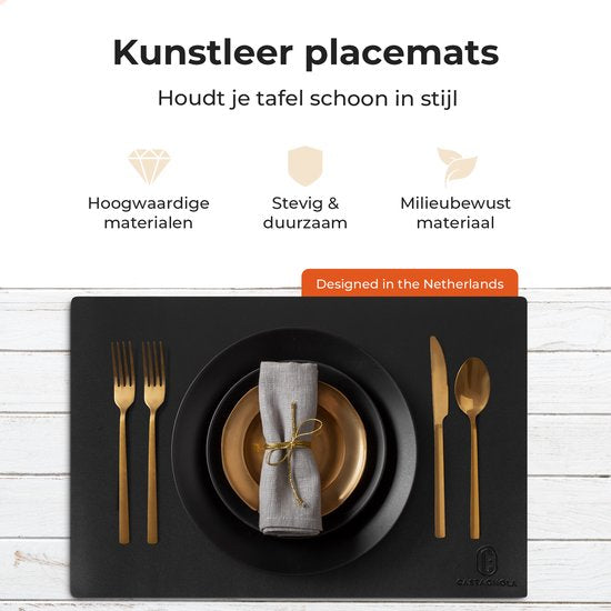 Castagnola Lederlook Placemats - Antislip Placemat van Kunstleer - Waterafstotende Onderlegger - Onderzetter - Placemats kunststof - 6 Stuks - 45 x 30 cm - Zwart