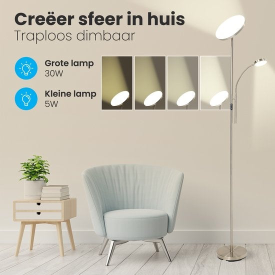 Auronic Vloerlamp - Staande Lamp Industrieel - 181cm - LED - Dimbaar en Kantelbaar - met Afstandsbediening - Geschikt voor Woonkamer - Zilver
