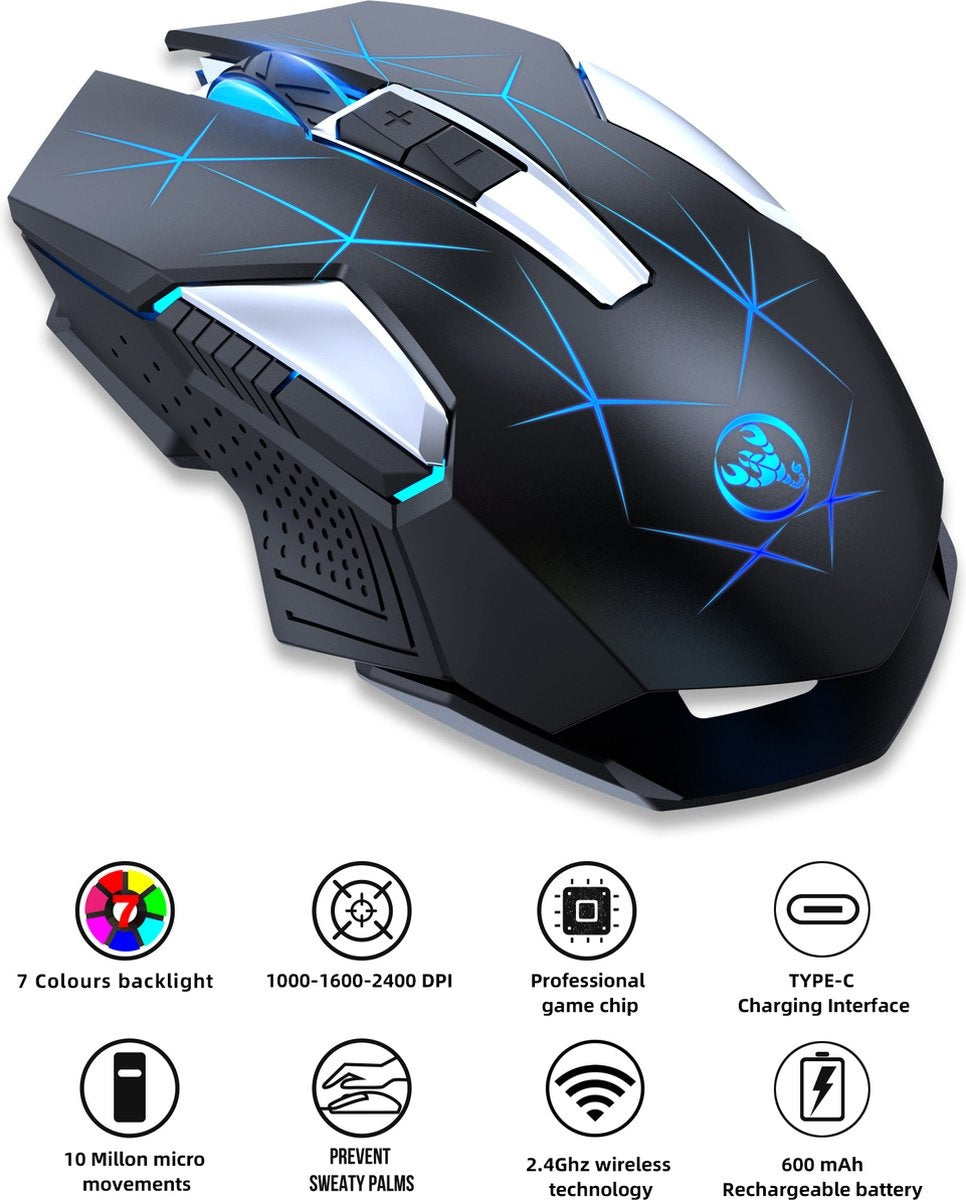 HXSJ T300 2.4G Draadloze Gaming Muis - Computermuizen - Ultra licht - Compact Voor Onderweg - RGB Verlichting - Zwart