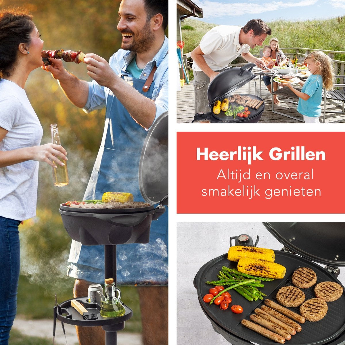 KitchenBrothers Elektrische BBQ - met Grillplaat - Anti-aanbaklaag - Incl. Plank/Houders - Grilloppervlak 46,5x33,8cm - tot 300°C - 2400W - Zwart