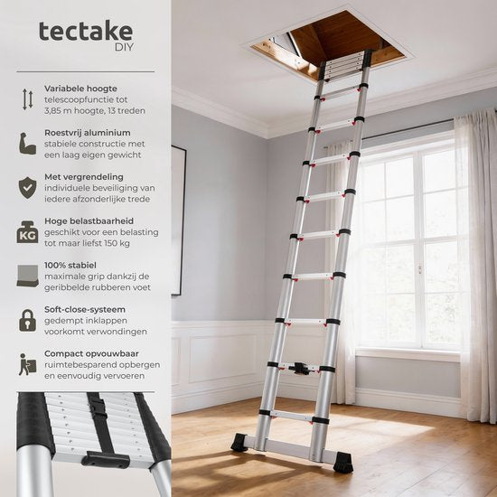 tectake® Telescoopladder met 13 Sporten - Vouwladder - 3,85 Meter - Soft Close - Anti Slip - Uitschuifbare Telescopische Ladder - Trapladder - Lichtgewicht Aluminium Trap - Betrouwbare Vergrendeling