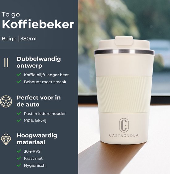 Castagnola Thermosbeker - Koffiebeker To Go - Travel Mug voor Koffie en Thee - Theebeker - 380 ML - RVS - Offwhite