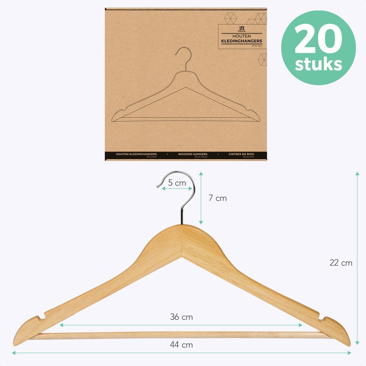 LifeGoods Kledinghangers - Met Broeklat - Hardhout - Natural - 20 Stuks
