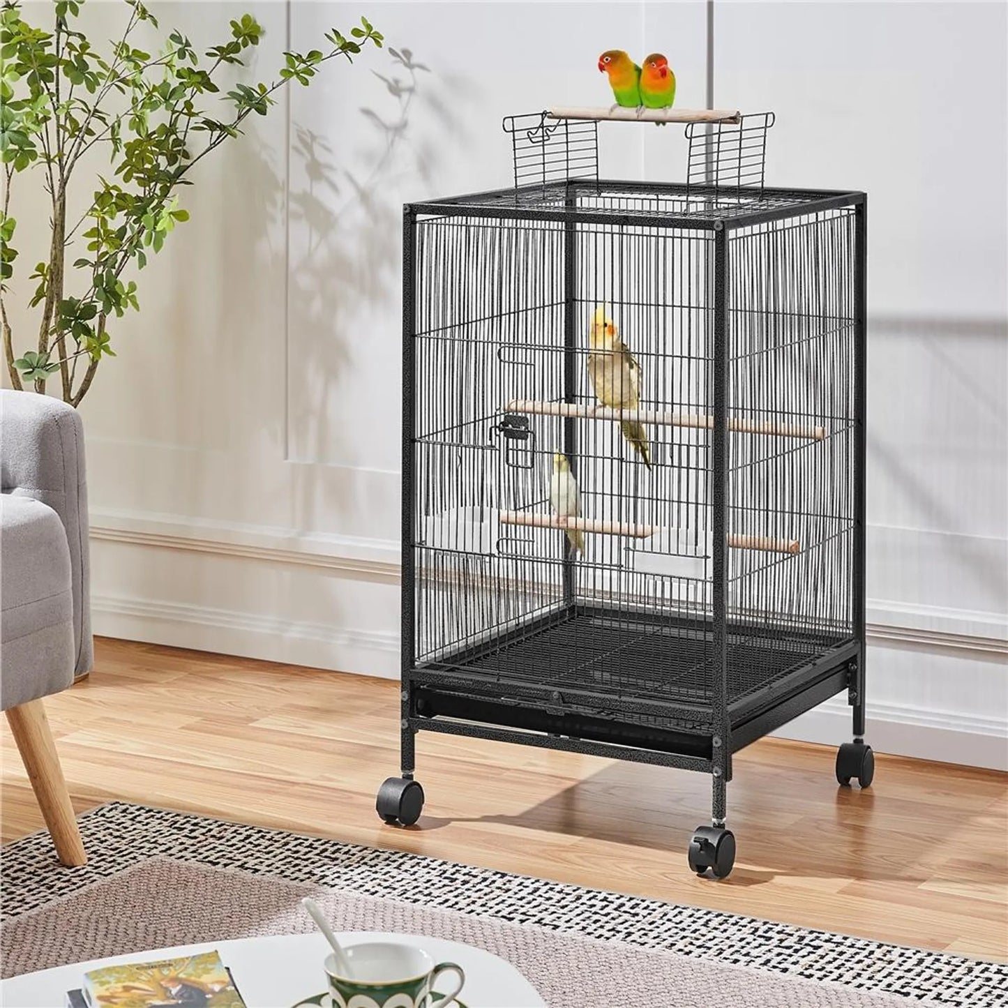 Yaheetech Vogelkooi Met Open Dak – 45,5 x 45,5 x 79 cm – Voorzien Van Verwijderbare Wielen En Uittrekbare Bodemlade En Gehamerde Poedercoating – Voor Grasparkieten En Kanaries – Zwart Metaal En Hout