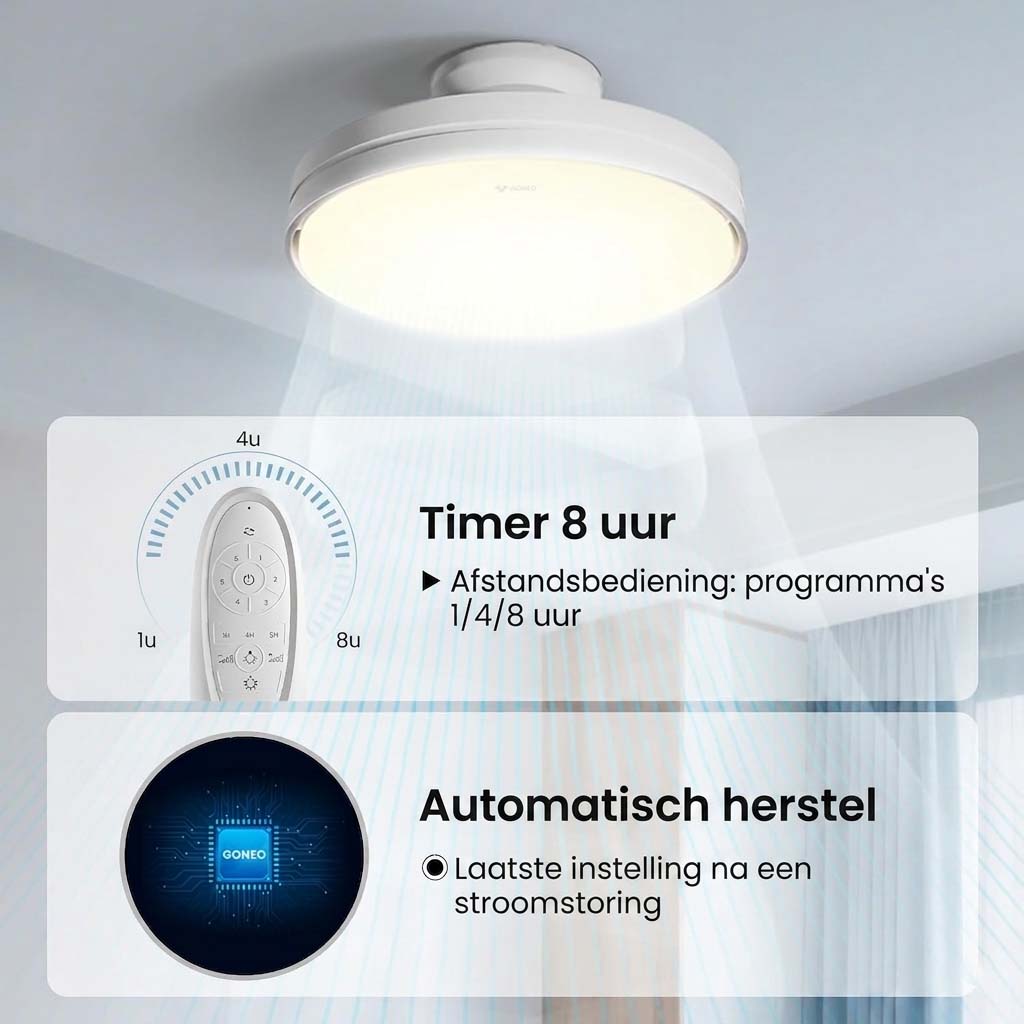GONEO stille plafondventilator met licht en afstandsbediening, LED, 60 W dimbaar, 6 snelheden, DC, 3 temperatuurkleuren, timer, Ra≥97, geheugen voor slaapkamer, energieklasse E