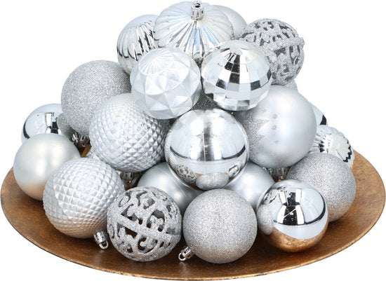 Giftsome Zilveren Kerstballen Set - 60 Kunststof Kerstballen - Incl. Zilveren Piek - Kerst Decoratie - Ø6/7 cm