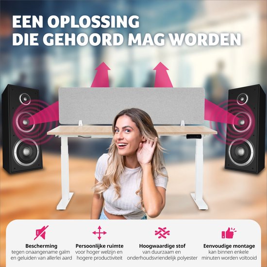 tectake® Bureauscherm scheidingswand Noisy - Met geluidsabsorberende PET-kern - Inclusief 2 bevestigingsklemmen - Afmeting (LxB) 160 x 40 cm - Grijs