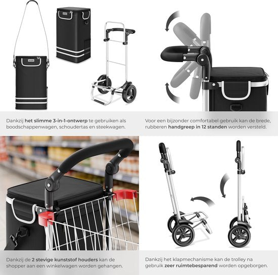 tectake® 3-in-1 Boodschappentrolley met Koelvak - Opvouwbaar - 56L Inhoud - Boodschappenwagen - Boodschappenkar - Ook als Steekwagen en Boodschappentas - Met Sleutelhanger en Winkelwagenmunt - Zwart