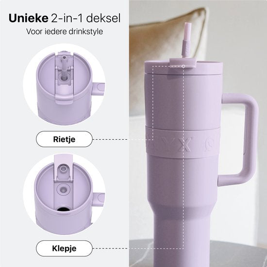 ONYX Drinkfles met Rietje 1.2 Liter - Waterfles voor Kinderen & Volwassenen - Thermosbeker RVS Travel Mug - Motiverende Drinkbus - Drinkbeker voor School - Pastel Purple