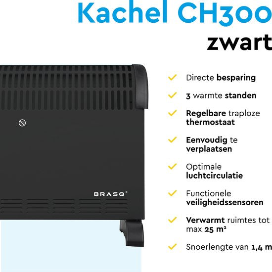 BRASQ Elektrische Convectorkachel - Verstelbare thermostaat - Elektrische Kachel - 750/1250/2000 watt - Verwarming - Zwart