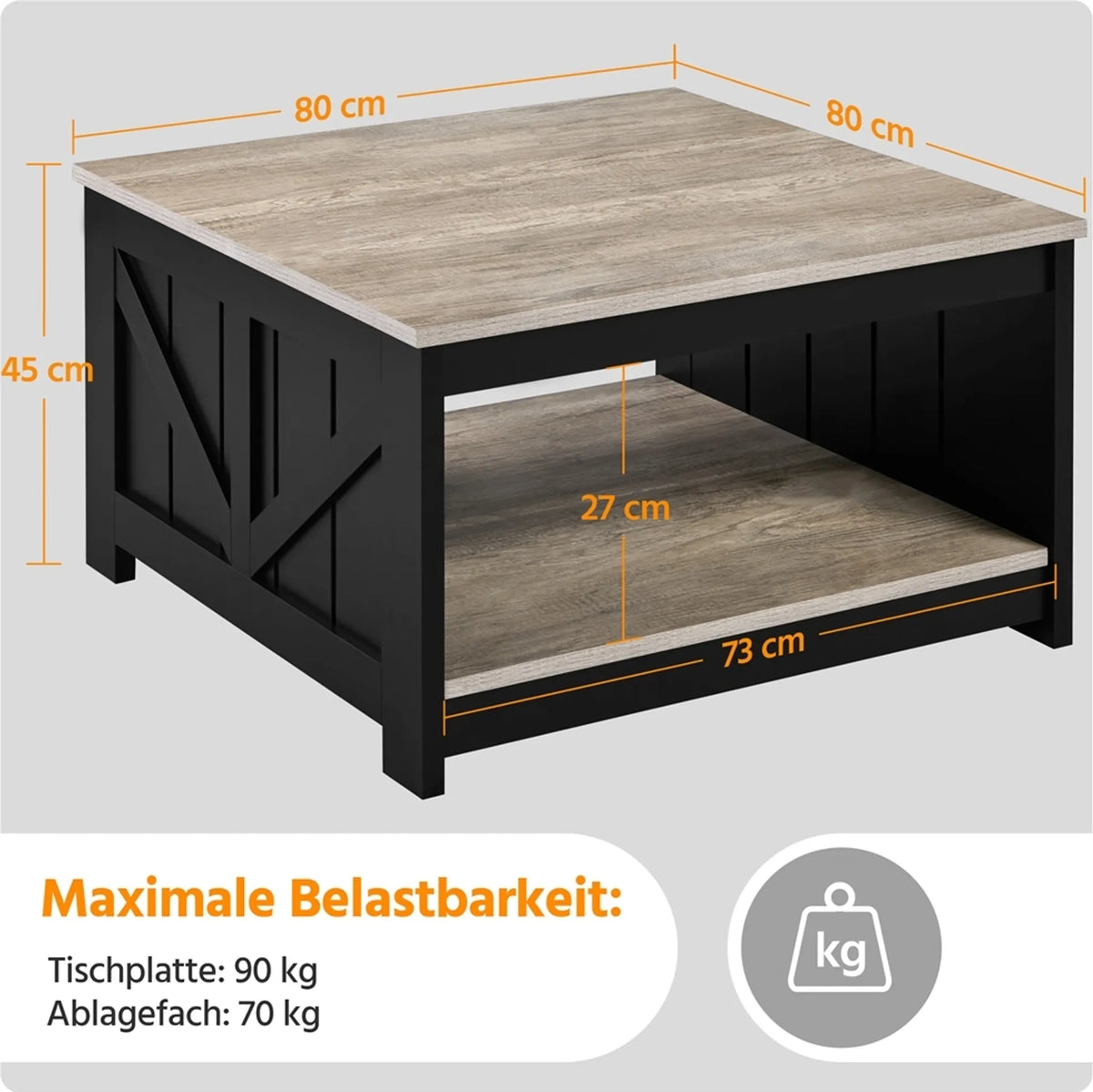 Yaheetech Salontafel Vierkant – 80 x 80 x 45 cm – Voorzien Van Ruim Opbergvak En Schuurdeur-Design En Houtnerf Fineer – Voor Woonkamer En Zithoek – Grijs E1 MDF