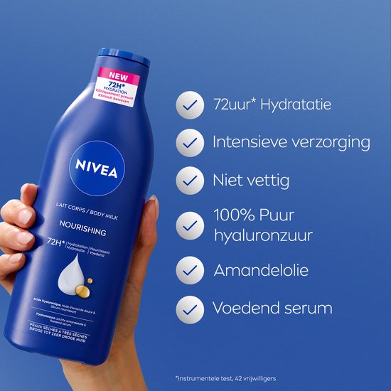 NIVEA Verzorgende Body Milk - met Hyaluronzuur Zachte Amandel Olie en Voedend serum - Body Melk met 72 Uur Hydratatie - Voor Droge tot Zeer Droge Huid - 400 ml